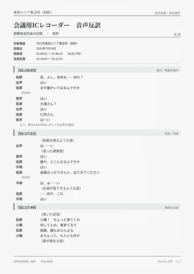 FILE 001「点呼」資料02 会議用ICレコーダー 音声反訳（抜粋）（1／2）。佐原・小橋の会話と、無人となった室内からの応答を記録した反訳。