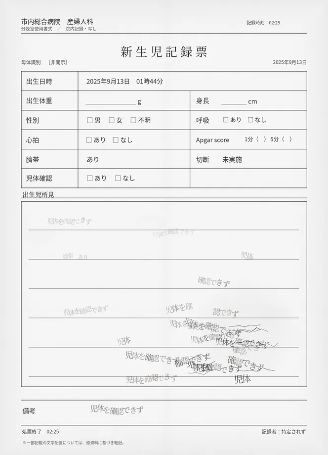 2025年9月13日の新生児記録票。出生時刻01:44と臍帯ありの記載、児体確認欄に重複した手書き文字が認められる。