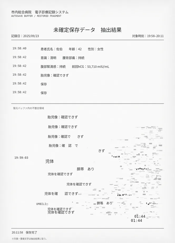2025年9月23日の電子診療録復元ログ。19:58から20:11の時刻情報と診療データに、別記録の文言が混入している。